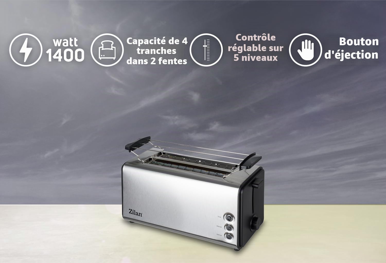 Zilan, Grille-pain à fente longue, 4 tranches de Toastautomatique, XXL, 5 niveaux de rôtissage, accessoire de pain, fonction décongélation, tiroir ramasse-miettes en acier inoxydable