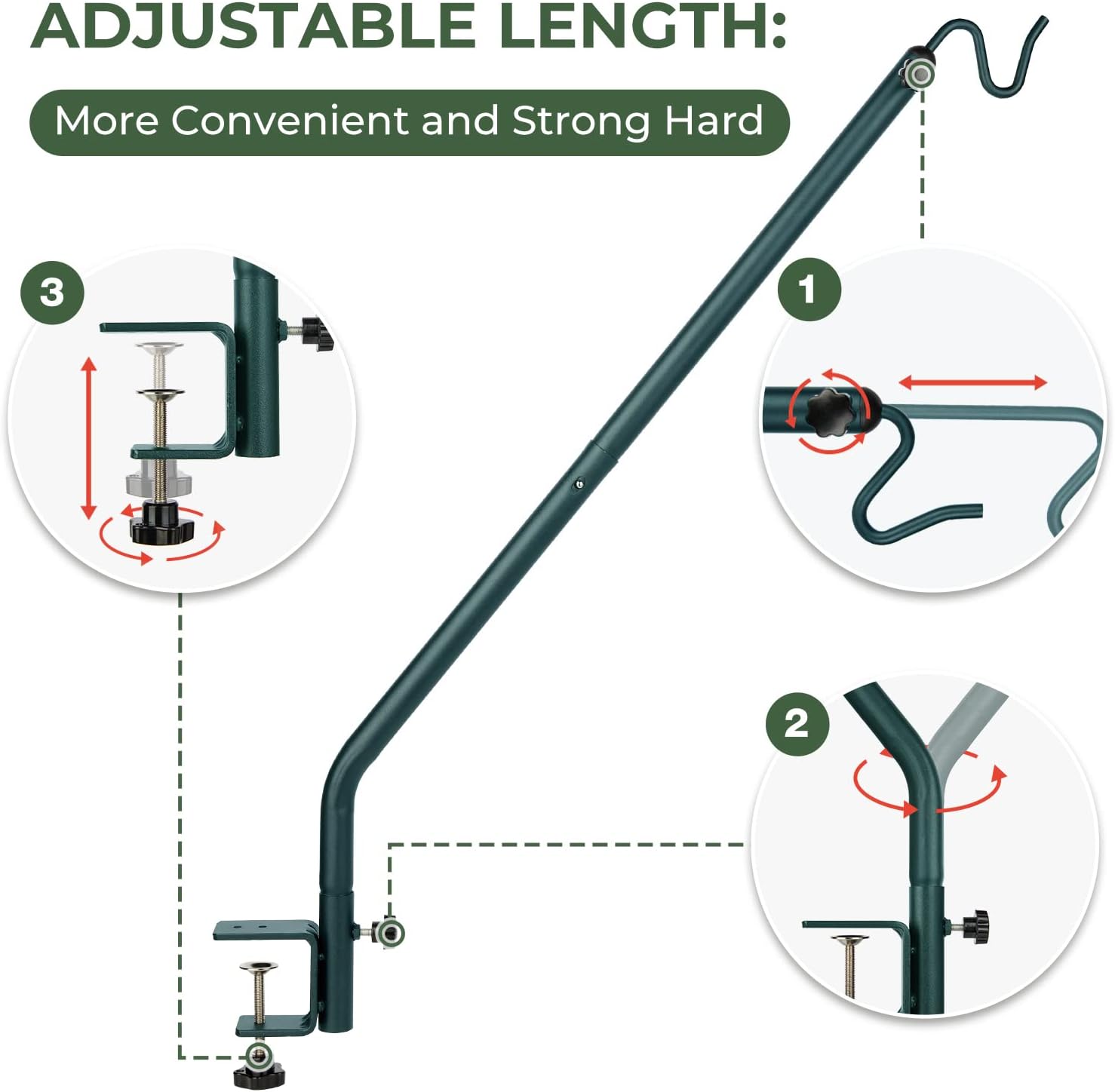 Kingsyard Heavy Duty Deck Hook, 39 Inch, Adjustable Metal Deck Railing Hooks for Hanging Bird Feeders, Planters, Suet Baskets, Lanterns, Wind Chimes, Green