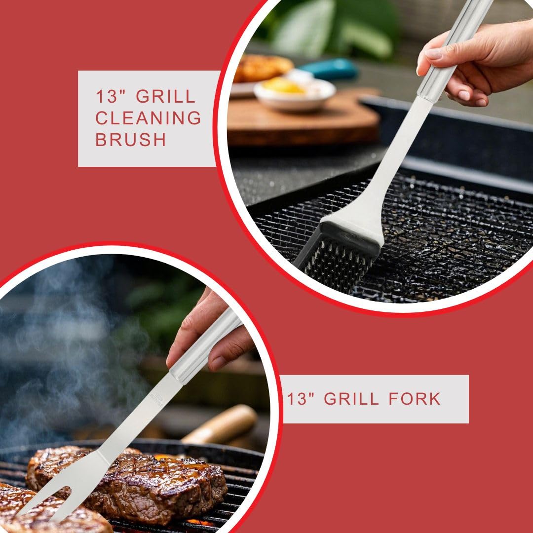 Juego de herramientas para parrilla de barbacoa de acero inoxidable, accesorios y utensilios para barbacoa, 4 espátulas, pinzas, cepillo de limpieza, tenedor, kit de herramientas de barbacoa de 13.5 6
