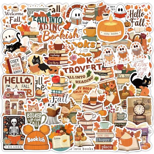 50Pcs Fall Reading Aesthetic Sticker Pack Book Lover Autumn Decor with Pumpkins Cats Coffee Ghost and Read Books Vinyl Decals Waterproof Water Bottle Sticker