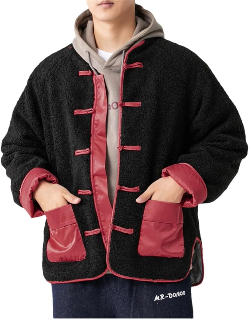 Chinese Style Contrast Color Lamb Wool Coat Winter Warmth Fleece Tang Suit Plus Size Retro Jacket Men Clothing