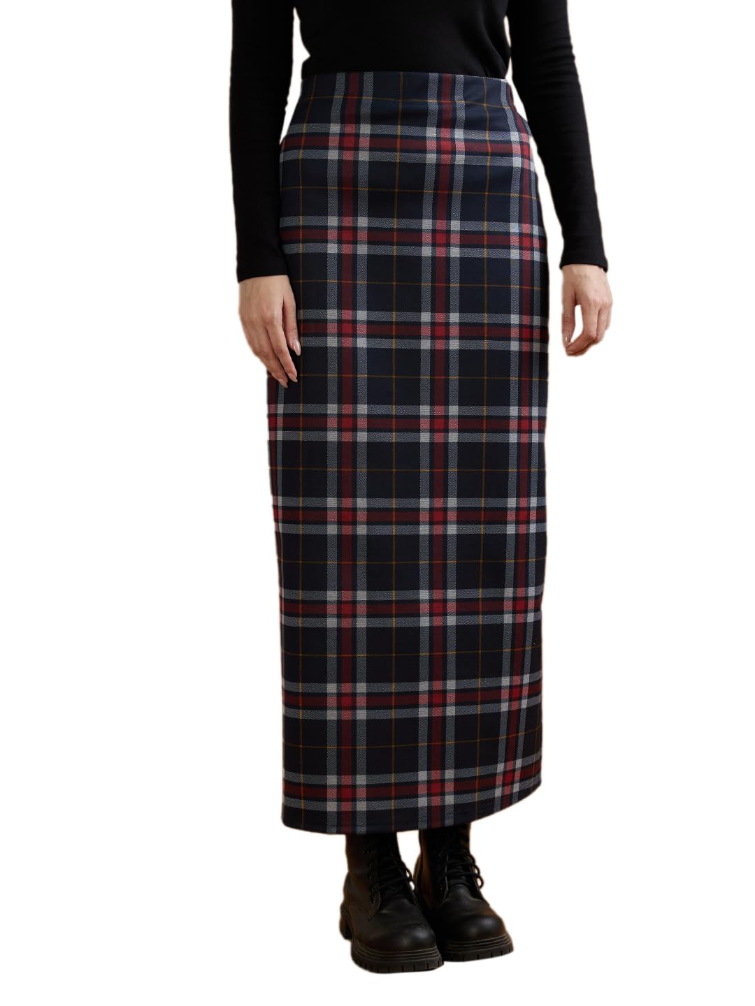 globus Women Red Checked Mid-Rise Side Slit Straight Maxi Skirt-picture-10