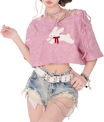 CEINOM Y2k Sweet Cool Bunny Embroidered Short-sleeved Pink T-shirt Harajuku Short Cute Crop Tops Kawaii Off Shoulder Tee