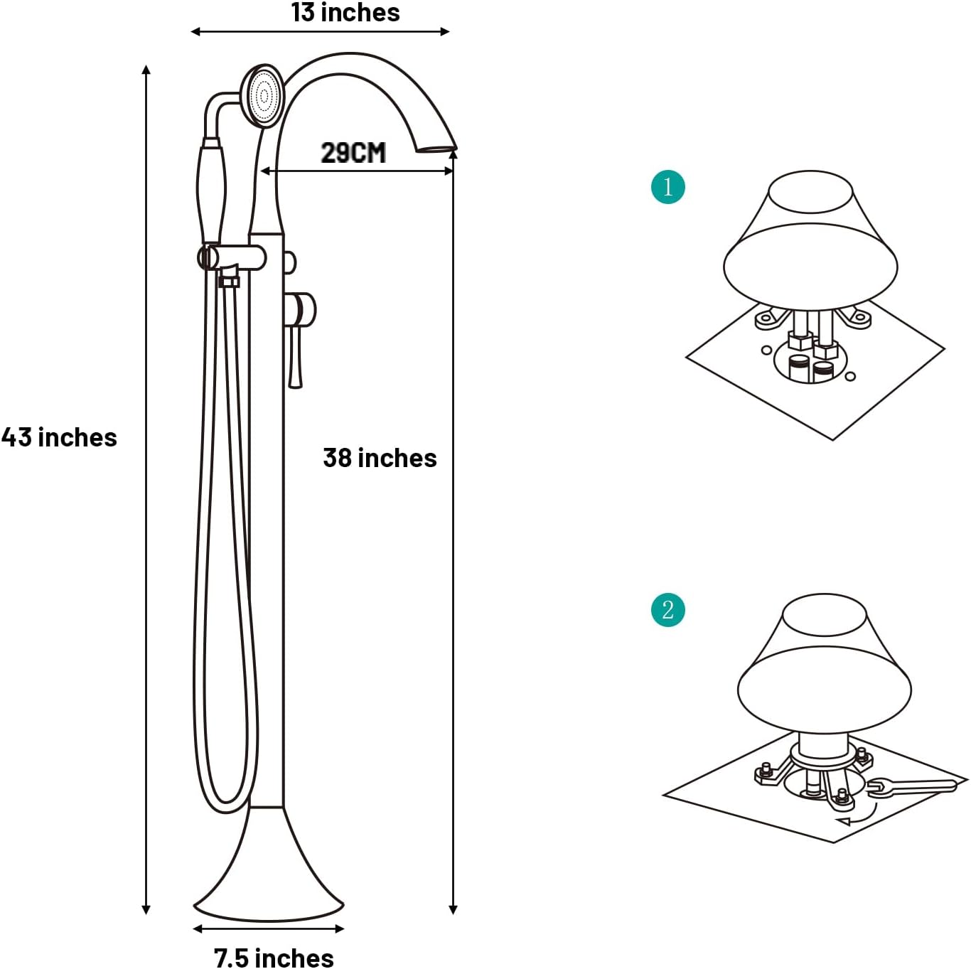 Free Standing Tub Faucet, Floor Mount Bathtub Filler with Hand Shower, 360° Swivel Spout Roman Tub Faucet, Solid Brass Construction (Brushed Nickel)
