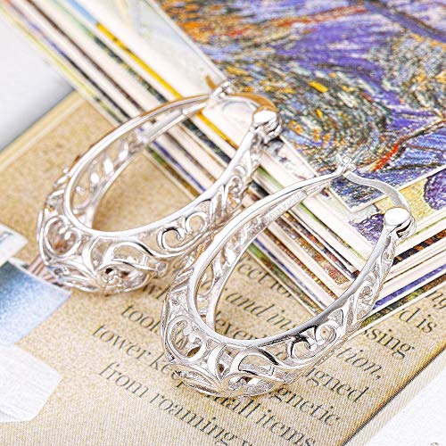 Milacolato 925 Sterling Silver Hoop Earrings for Women 18K White Gold Plated Textured Filigree Oval Hoop Earrings Lightweight & Hypoallergenic Vintage Hoop Earrings4