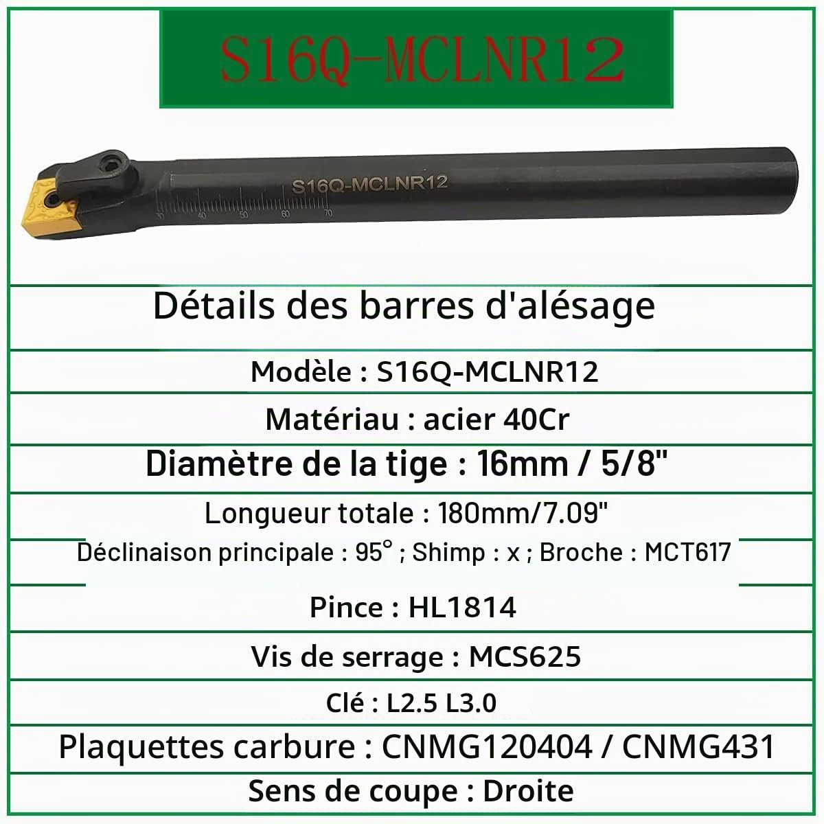 Porte-outil de tournage en carbure indexable Excircle MCLNR1616H12 + barre d'alésage interne de tour en métal S16Q-MCLNR12 + inserts de tournage en carbure indexables CNMG431 (CNMG120404).