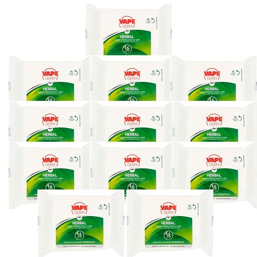 Vape Derm Herbal Antipuntare Zanzare 12 Confezioni da 15 Salviette Olio Essenziale