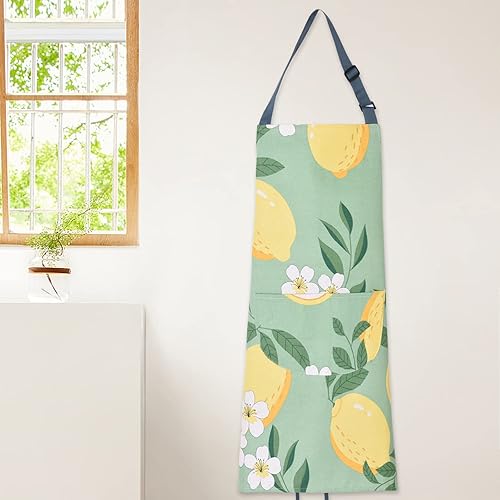 Miniatura 4 de Paquete de 2 delantales florales para mujer con bolsillos, delantales de chef ajustables de algodón para cocina, cocina, barbacoa y parrilla