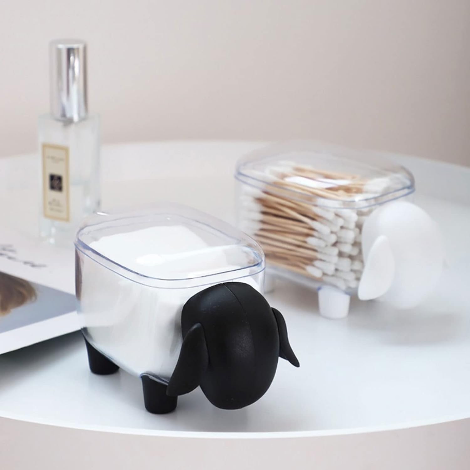 Cosmetic Cotton Storage Box, Sheep Shaped Cotton Swab Holder Dust-Proof Toothpick Box organizer (Pack of 2- Black & White)-image-0