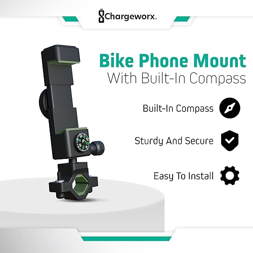 Miniatura 2 de CHARGEWORX Soporte de teléfono para bicicleta con brújula incorporada  Tornillos antirrobo  Ángulos totalmente ajustables  Soporte de bicicleta se