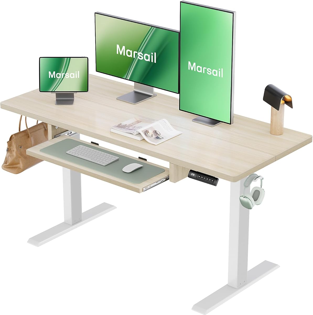 Marsail Electric Standing Desk with Ergonomic Keyboard Tray, 48x24 Inch Adjustable Height Desk with 27.5” to 46.7” Height Range, 4 Memory Presets, Smooth and Quiet Lifting, Computer Workstation, Maple