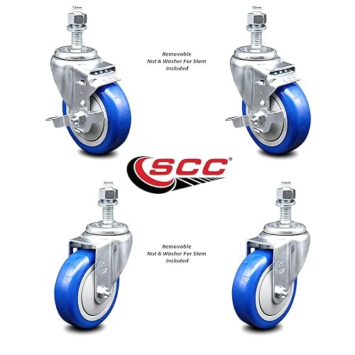 Miniatura 2 de Juego de 4 ruedas giratorias de poliuretano con vástago roscado, ruedas azules de 4 x 1.25 pulgadas y vástagos de 0.472 in, incluye 2 con freno de