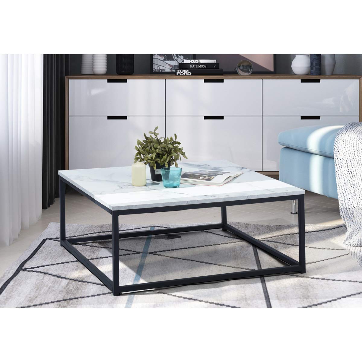 MEUBLE COSY Tavolino da Caffè Tavolini da Salotto Divano Tavolo Quadrata con Piano Effetto Marmo Struttura in Metallo per Soggiorno, Camera da Letto, Montaggio Facile, Bianco e Nero, 80x80x34cm
