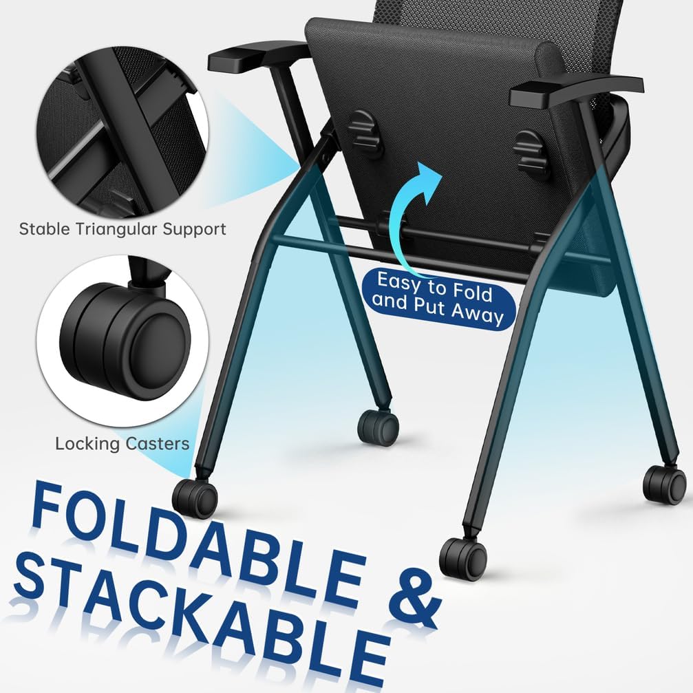 24Pack Foldable Office Chair with Wheel,Stackable Conference Room Chair with Lumbar Support,Foldable Desk Chair with Mesh Back and Arms for Conference Meeting Guest Reception Home Office Training Room