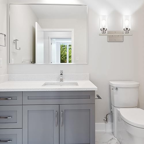 Miniatura 5 de Ascher Apliques de pared de 2 luces, moderna lámpara de tocador con pantalla de vidrio transparente, lámpara de pared de níquel cepillado para