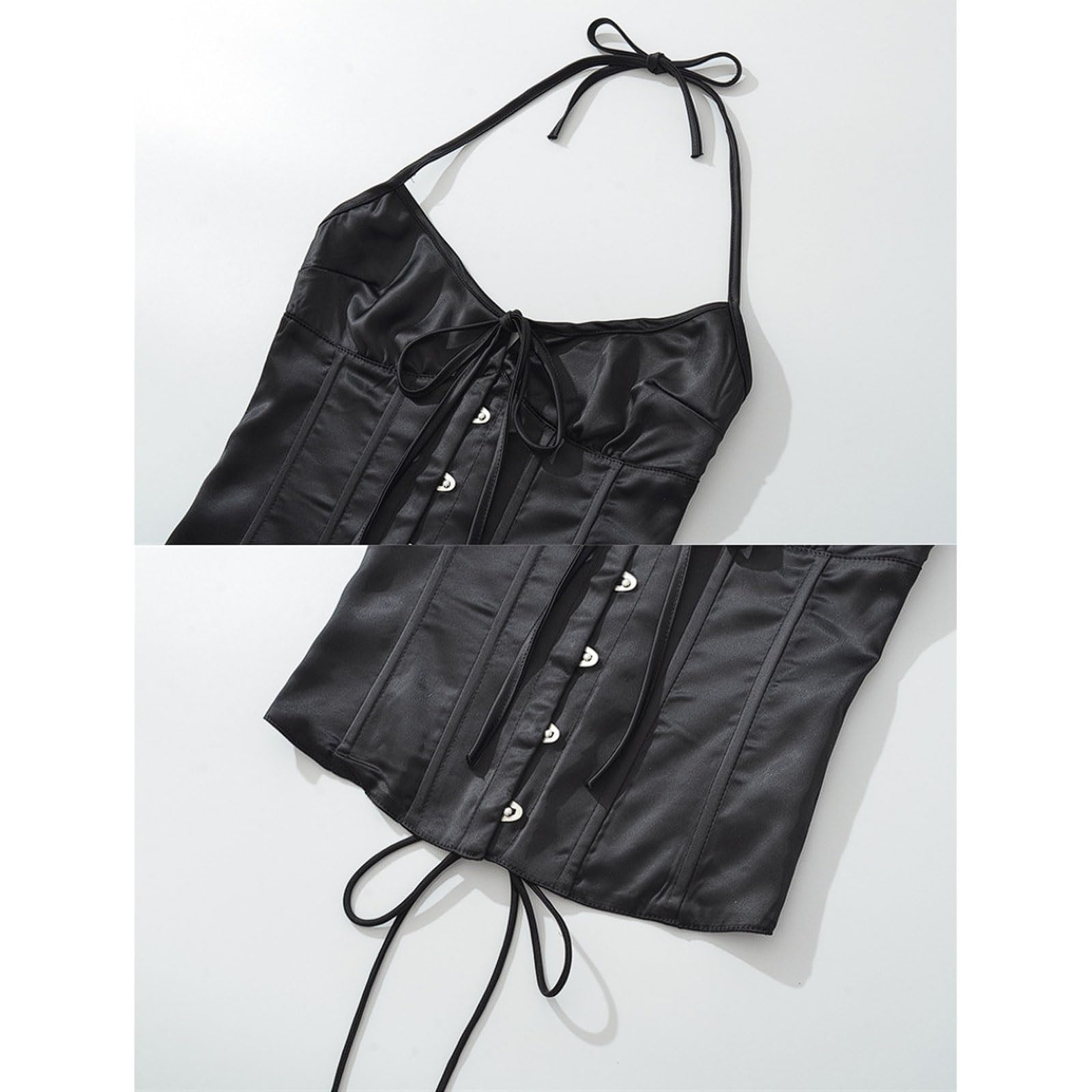 Primavera Verano Color Sólido Espalda Correa Cruzada Camisola Ahuecada Top Cuello Halter con Hebillas Delanteras y Lazo Trasero