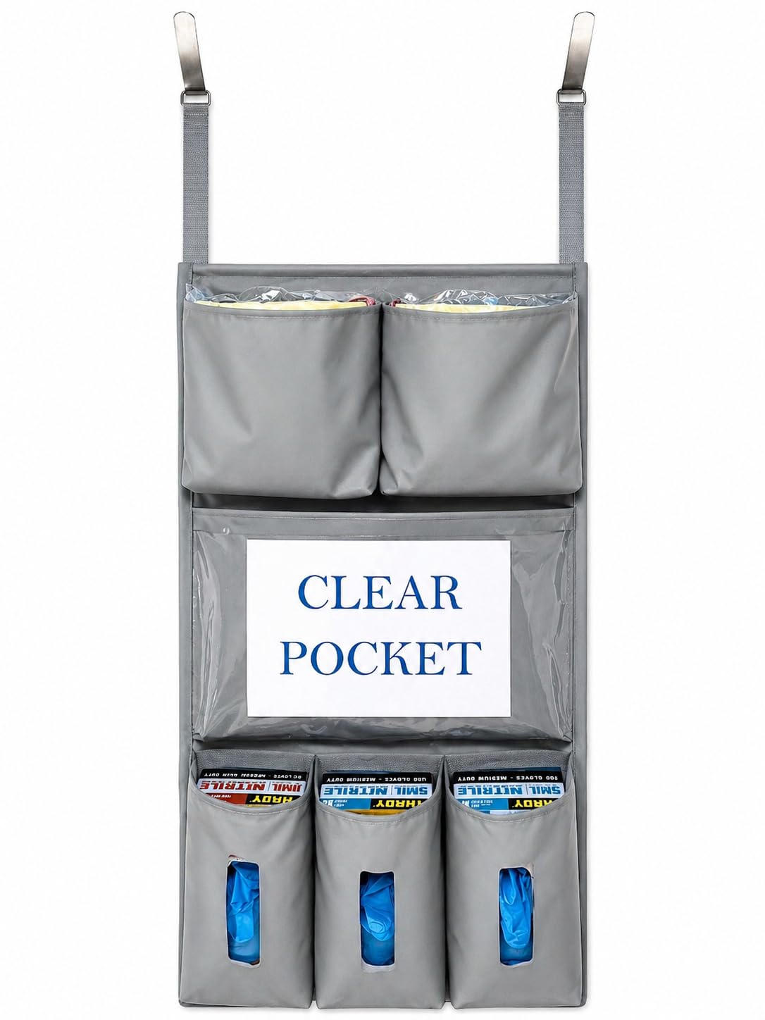 It's Sew EZ Personal Protection Equipment PPE Isolation Door Caddy, 6 Pockets, NFPA-701 Fire Retardant Nylon Oxford, Two Stainless Steel Hooks Included, Silver