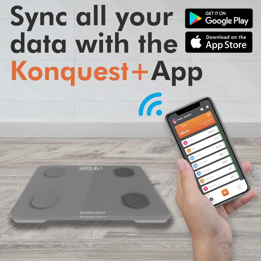 Konquest Báscula de baño digital inteligente, inalámbrico Bluetooth BMI, peso corporal, grasa y analizador de composición corporal con aplicación para smartphone (400 libras) (gris frío)