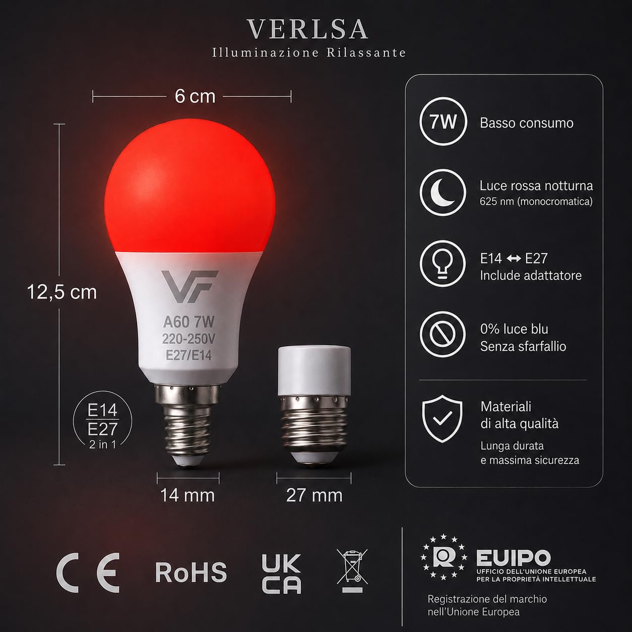 Pack2 Lampadina LED notturna, melatonina rossa 625nm, attacco E27+E14-2 in 1 - Adattatore incluso - Lampadina rossa da 7W per la terapia del sonno - 0% luce blu - Senza sfarfallio