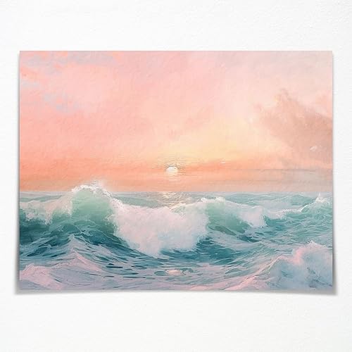 Heltrappe Lienzo con estampado de ondas pastel, diseño retro de paisaje marino, puesta de sol, póster estético para decoración del hogar, sala de