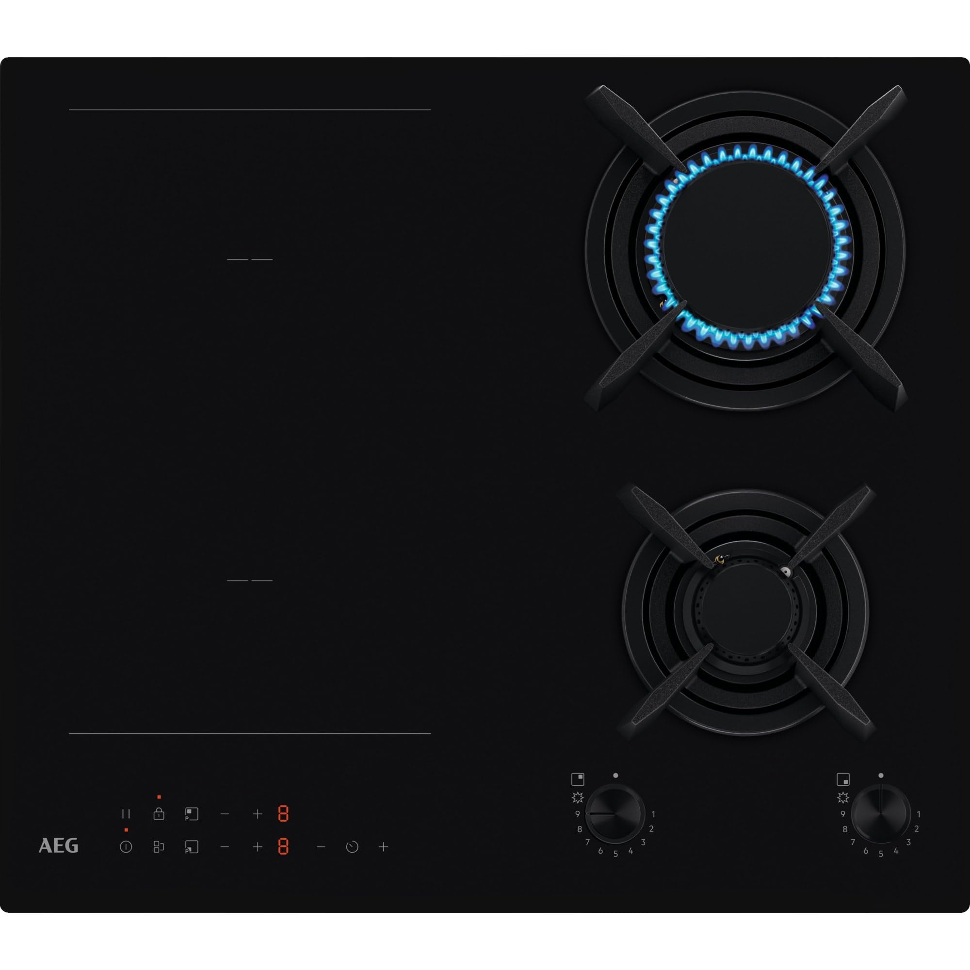 AEG Série 8000 HF704163NB Plaque de cuisson à induction 60 cm avec 4 brûleurs et fonction pont, grille en fonte noire 590 x 520 mm