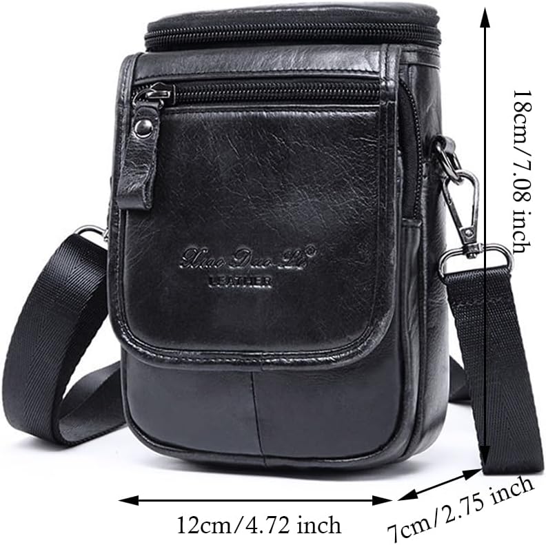 Cow Top Layer Leather Waist Belt Bag Small Classic Side Fanny Pack Hip Bum Purse Smartphone Pouch Model 13-Black