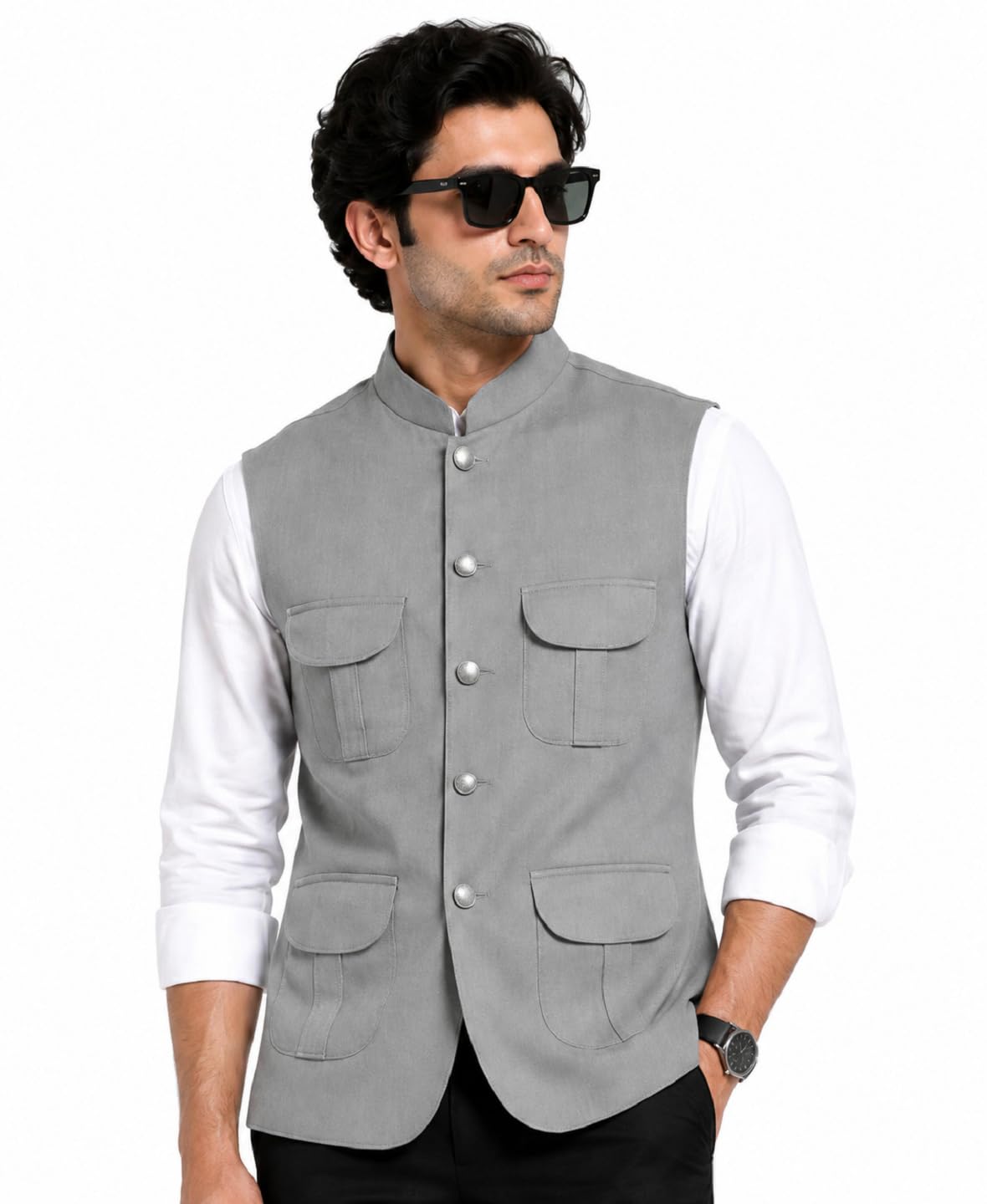 Men's Cotton Blend Nehru Jacket | Self Design Solid Slim Fit Waistcoat | Mandarin Collar | 4 Pocket Ethnic Jacket for Wedding, Festive, Party & Formal Wear-image-37
