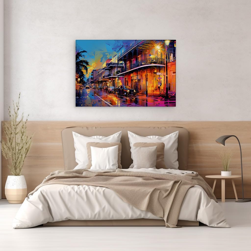 Canvas for Living room. Energetic Flair on Canvas Captures the Vivid Essence of Rain-soaked New Orleans, 27 x 18 inch Canvas Wall Art - Contemporary Masterpieces - Modern Home Decor