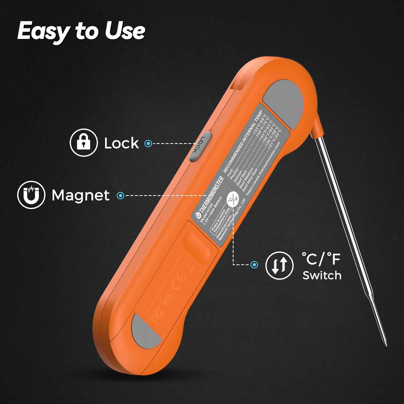 Termometro digitale per carne a lettura istantanea da 0,5 secondi con precisione ± 0,5 - 15 °C, termometro per alimenti per cucinare gadget da cucina, forno, grill, caramelle, barbecue, accessori