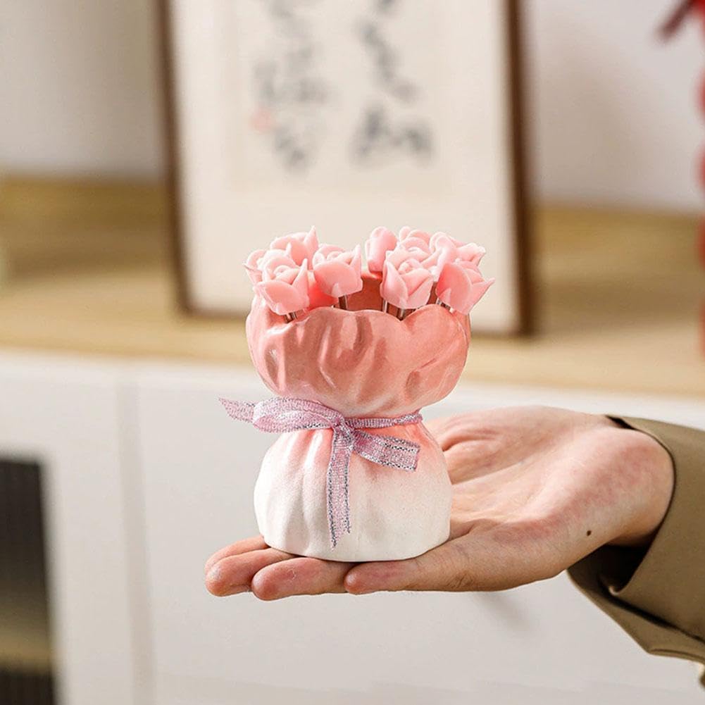 Juego de tenedores de frutas, 12 tenedores de postre de acero inoxidable en forma de rosa con elegante jarrón de almacenamiento de cerámica, tenedores novedosos para cocina, fiesta, comedor