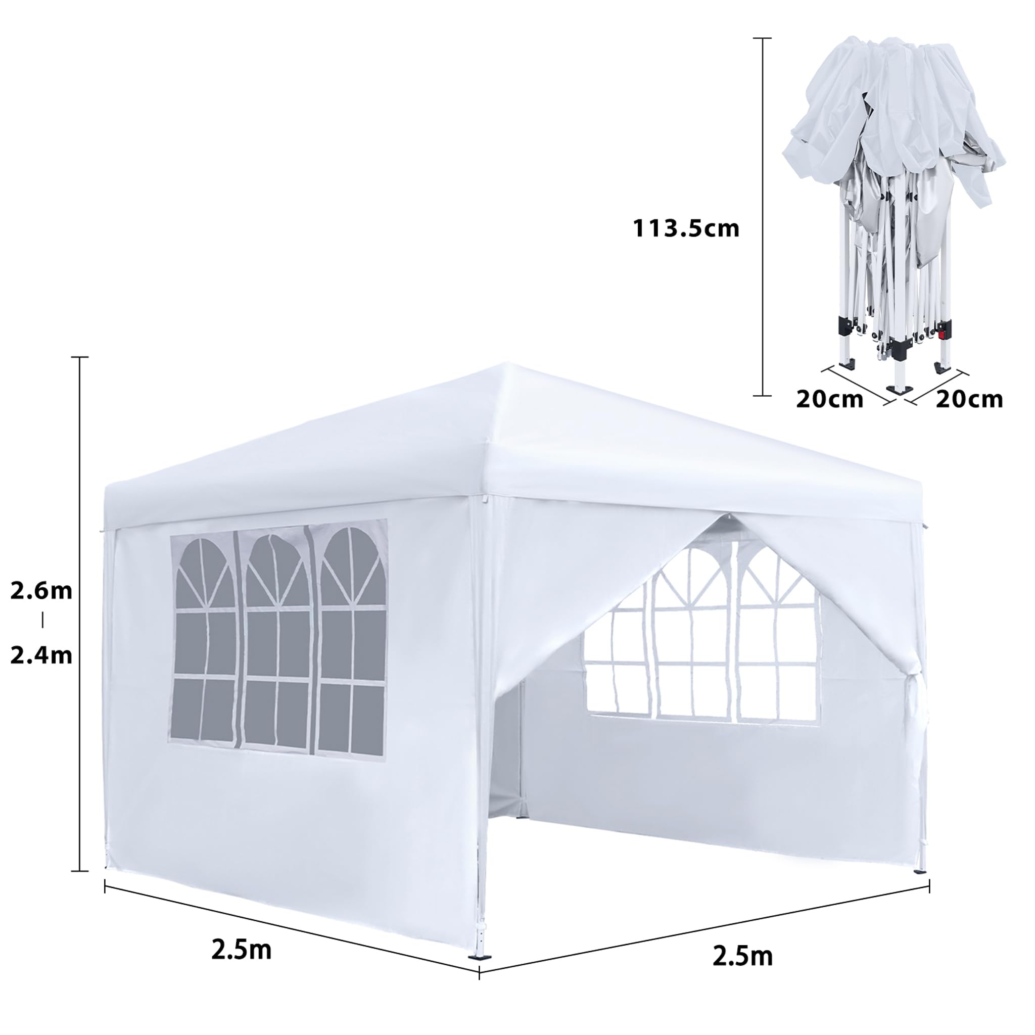 Aufun Gazebo pieghevole, 2,5 x 2,5 m, impermeabile, pieghevole, con 4 pannelli laterali, protezione UV per feste, matrimoni e picnic, colore: bianco