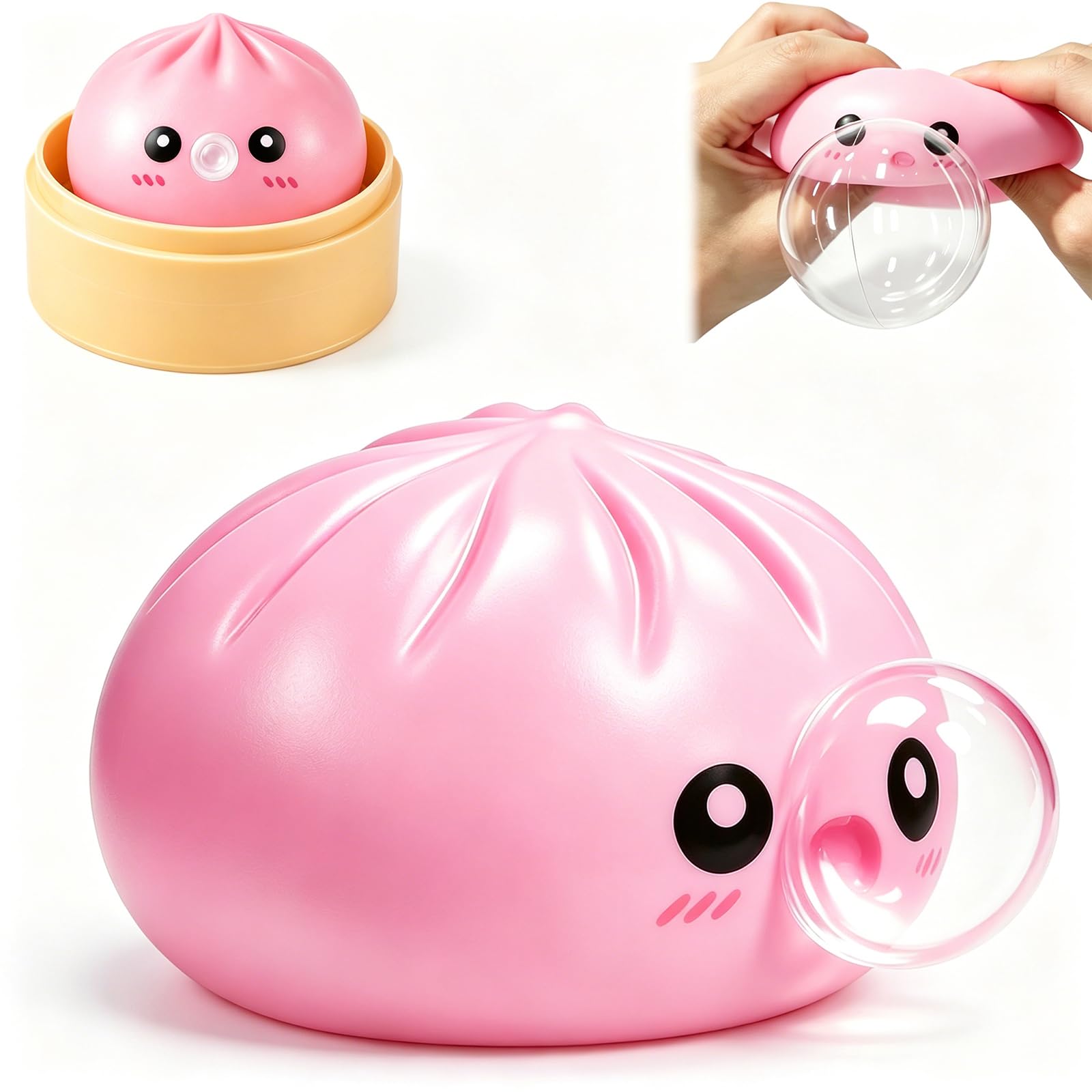 Photo 1 of [DAMAGED] Dumpling Squishy Toy with Bubble Blowing Feature, Squishy Dumpling Stress Relief Toy, Cute Bao Bun Squeeze Toy with Steamer Box, Soft Sensory Fidget Desk Toy Gift (Pink)