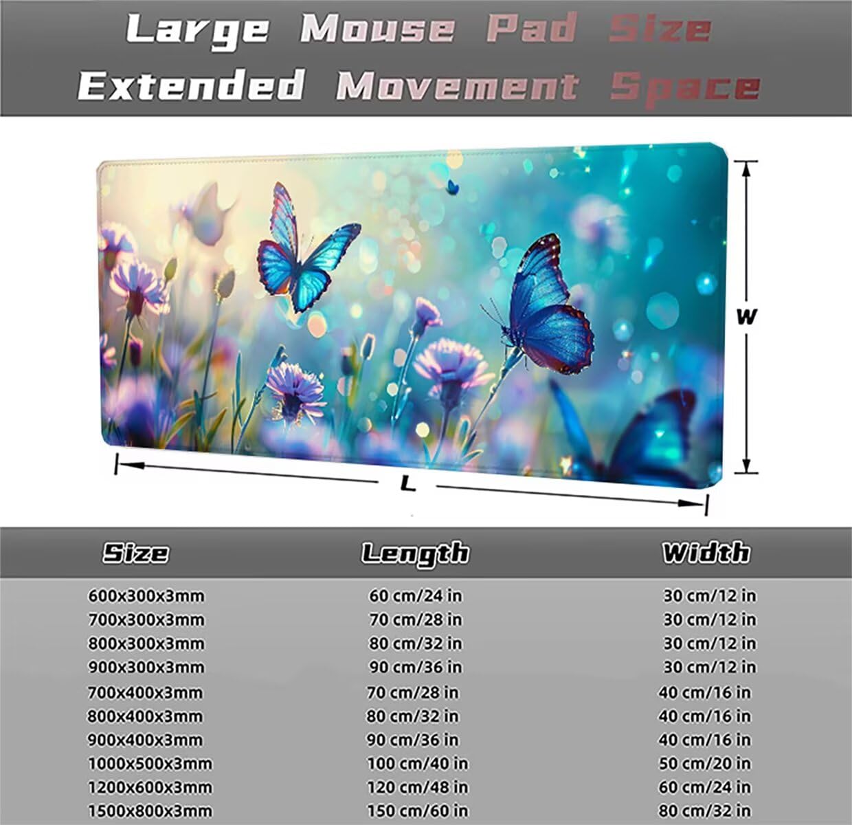 Tappetino per Mouse Gaming XXL 1200x600x3mm – Ufficio Mousepad Grande – Migliora la Velocità e la Precisione – Tenuta Stabile – Sottomano per Ufficio e Casa Accessori Scrivania – Blu Farfalla LMDT80