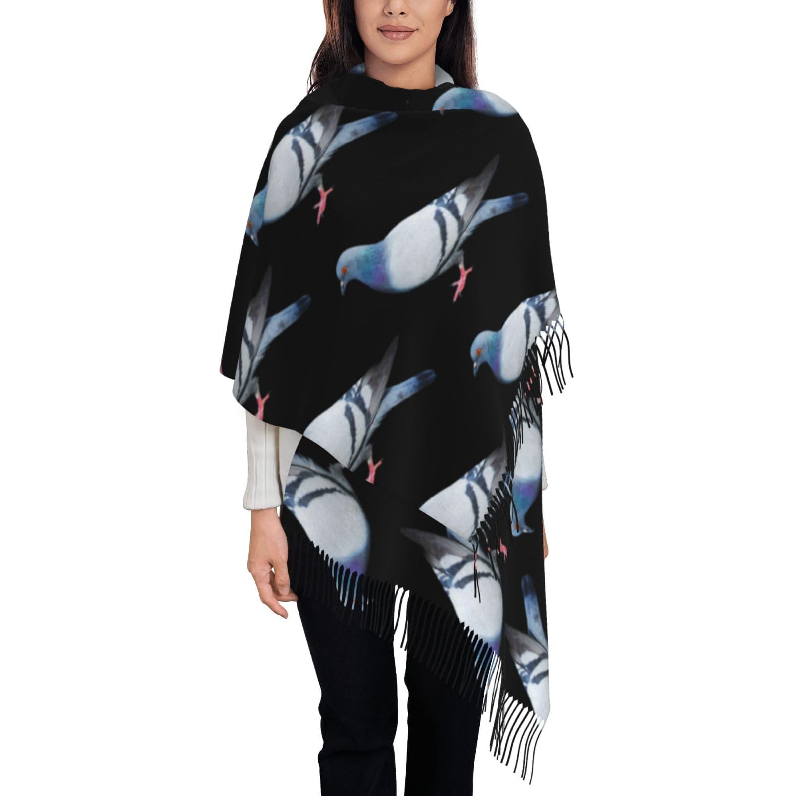 Ouyniei Pigeon Print Stylish Soft Cashmere-Like Fringe Scarf - Warm Lightweight Scarf For Women