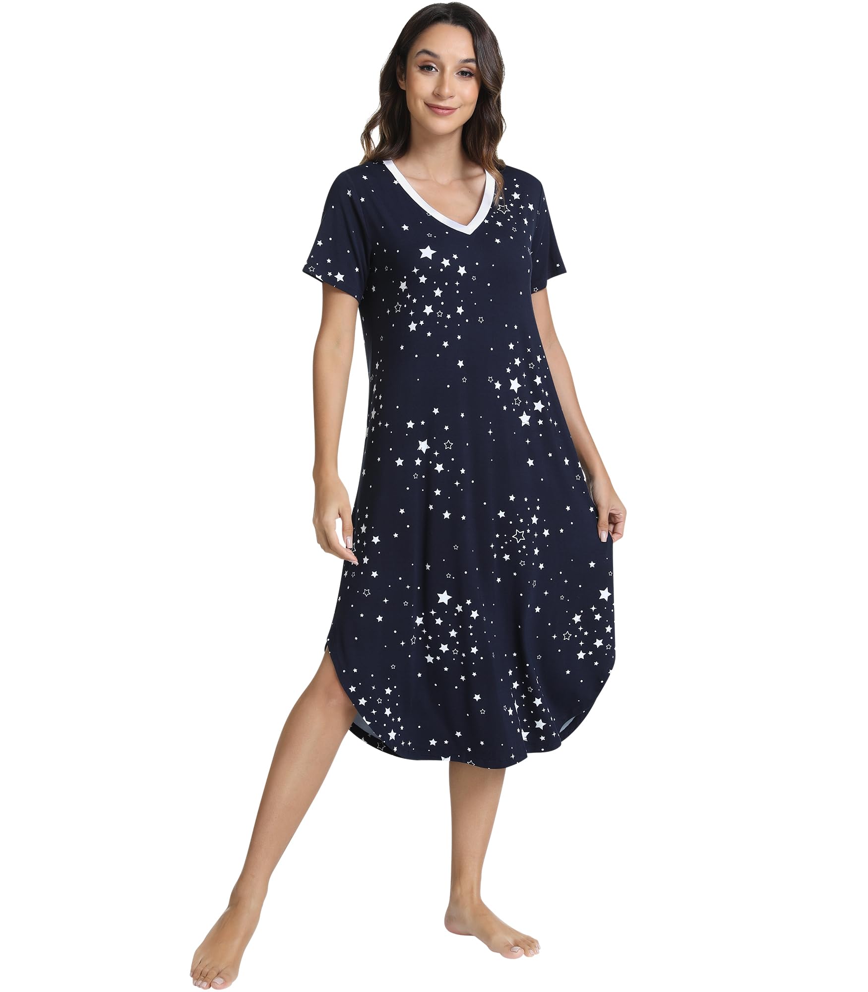 NACHILA Bamboo Viscose Nightgowns for Women Cooling Short Sleeve Sleepshirt | Soft V Neck Night Gowns, Moisture-Wicking Sleepwear for Hot Flashes &amp; Night Sweats, Ladies Nightshirts for Sleep, Home, Gift