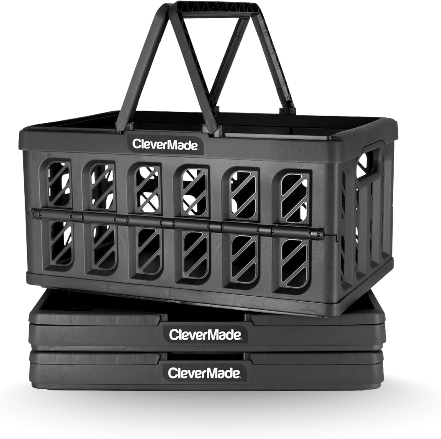 CleverMade - Juego de 3 cestas de compras plegables, obsidiana, 24 L, cestas de comestibles reutilizables de plástico, puede soportar 11,3 kg por cesta, pequeñas cajas de almacenamiento plegables con