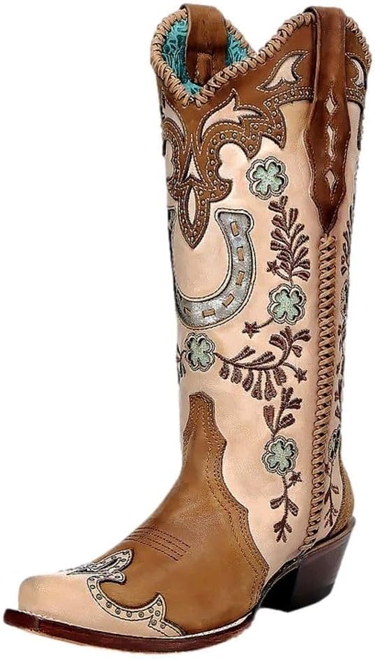 Corral Boots Womens Horsehoe Overlay Handwoven Studded Snip Toe Pull On Casual Boots Mid Calf Low Heel 1-2" - Brown