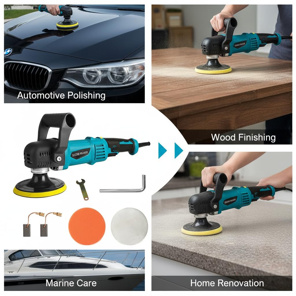 Lucidatrice Auto,980W lucidatrice per auto 5800 Giri/min, lucidatrice rotorbitale,6 Velocità Regolabili,2*Spugne Lucidanti Impugnatura D staccabile per Auto,Lucidatura di Pavimenti e cera