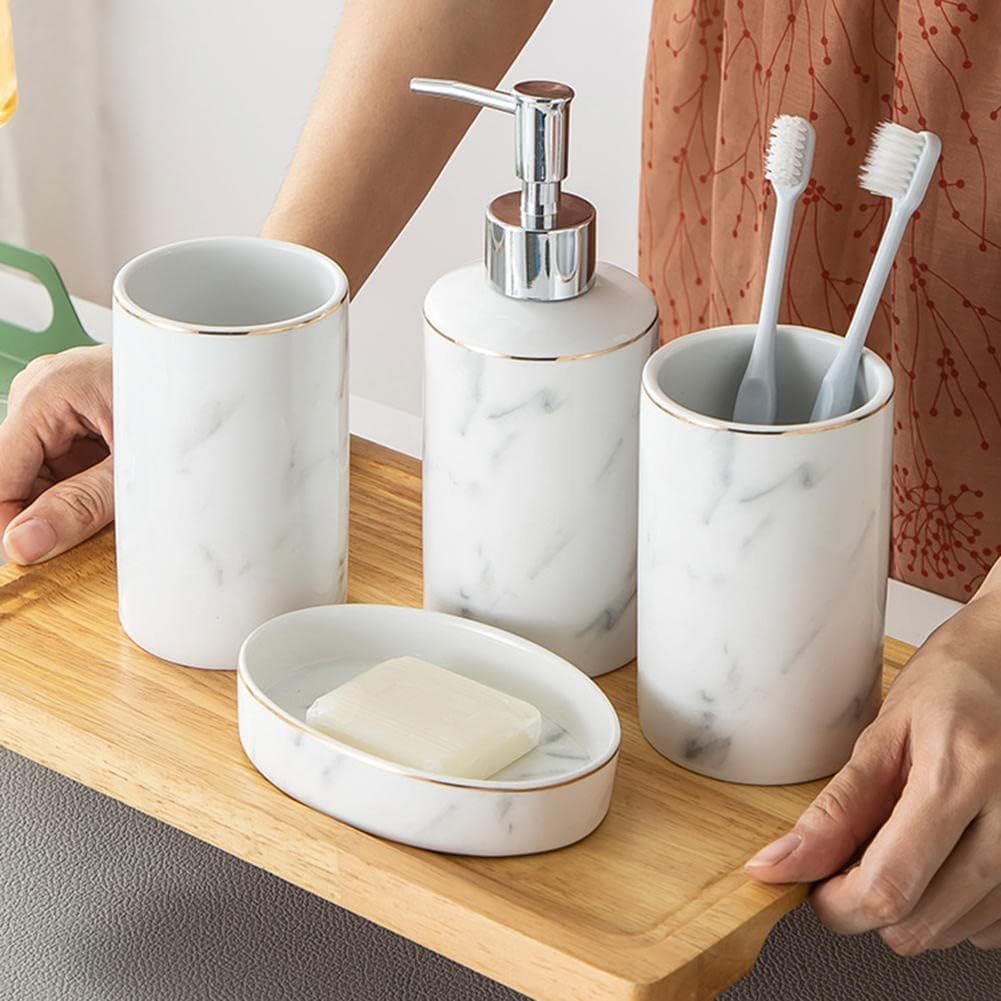 Set di Accessori per Il Bagno Bianco, Accessori per Il Bagno in Ceramica Marmorizzata con Dispenser di Sapone E Portasapone, 4-Piece