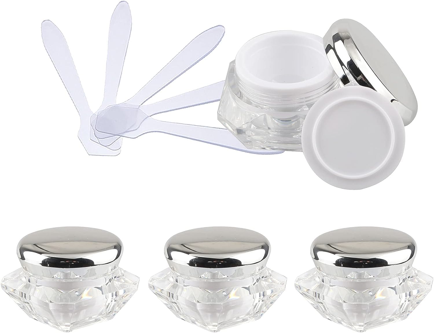 FLYIODFCXV cosmetic jar, Pack of 4, Empty 10 ml Transparent Acrylic Diamond Shape Cosmetic Container with Pink Lids + x Spoon(Silver,0.3 Ounces)
