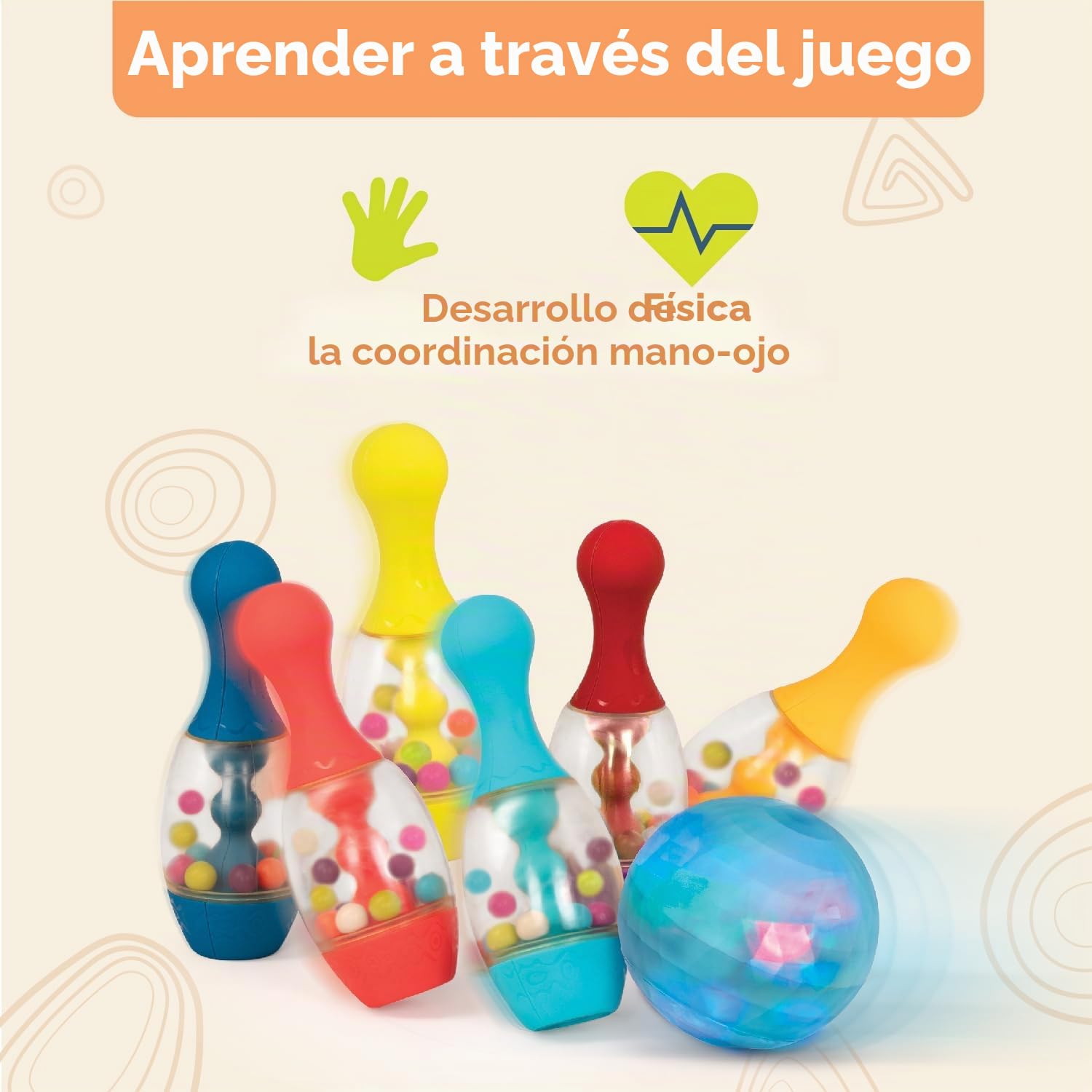 B. toys - Juguemos a los Bolos - Naranja - 6 Bolos y 1 Pelota Luminosa - Juego de Interior y Exterior - Juego para niños pequeños - 2 años +