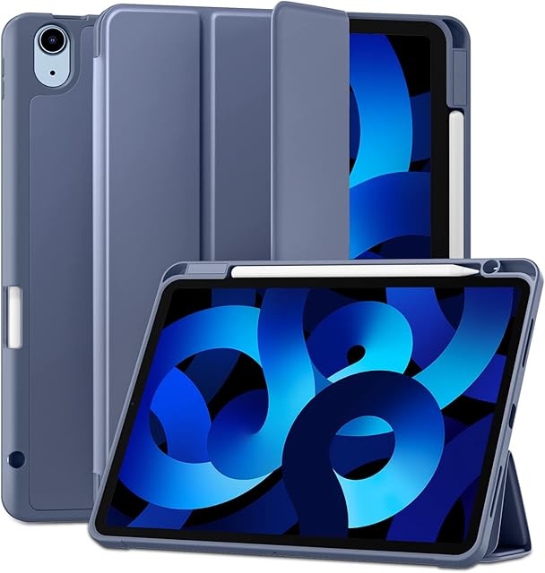 Maledan Case for iPad Air 5 2022 Case/iPad Air 4 2020 Case with Pencil Holder, Protective Case Cover with Soft TPU Back Fit for 10.9 Inch iPad Air 5th/4th Generation, Auto Sleep/Wake- Blue Gray