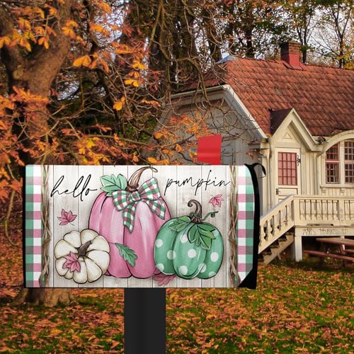Image of Fall Hello Pumpkin Welcome Mailbox Cover Magnetic Standard Size 21 inch x 19 inch, Pink Autumn Thanksgiving Decorative Post Letter Box Wrap Decor, Plaid Farmhouse Rustic Garden Yard Outdoor Decoration