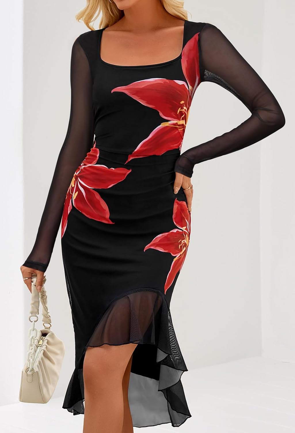 MEROKEETY Women's 2026 Wedding Guest Dress Bodycon Long Sleeve Square Neck Ruched Mesh Cocktail Party Holiday Midi Dresses - Image 2