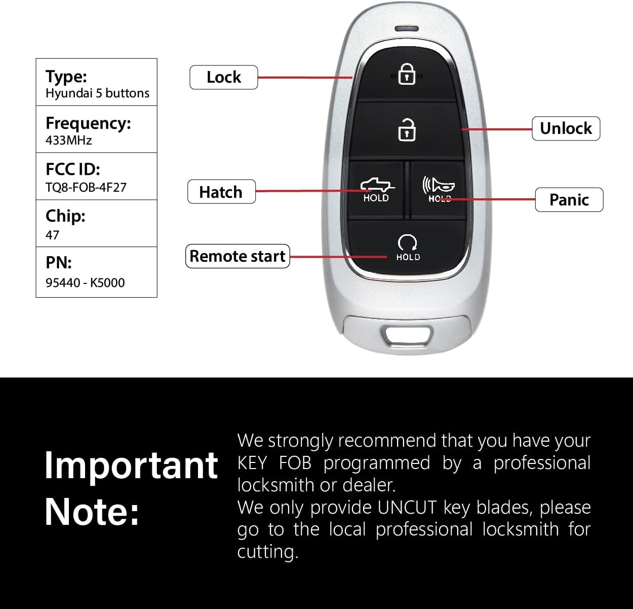 Condition photo showing New/Like New for replacement for 2022 2023 2024 hyundai santa cruz key fob remote control tq8-fob-4f27 5 buttons 433mhz