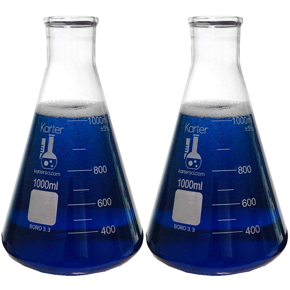 Erlenmeyer Botella de boca estrecha de 1000 ml, vidrio de borosilicato 3.3, Karter Scientific (paquete de 2)