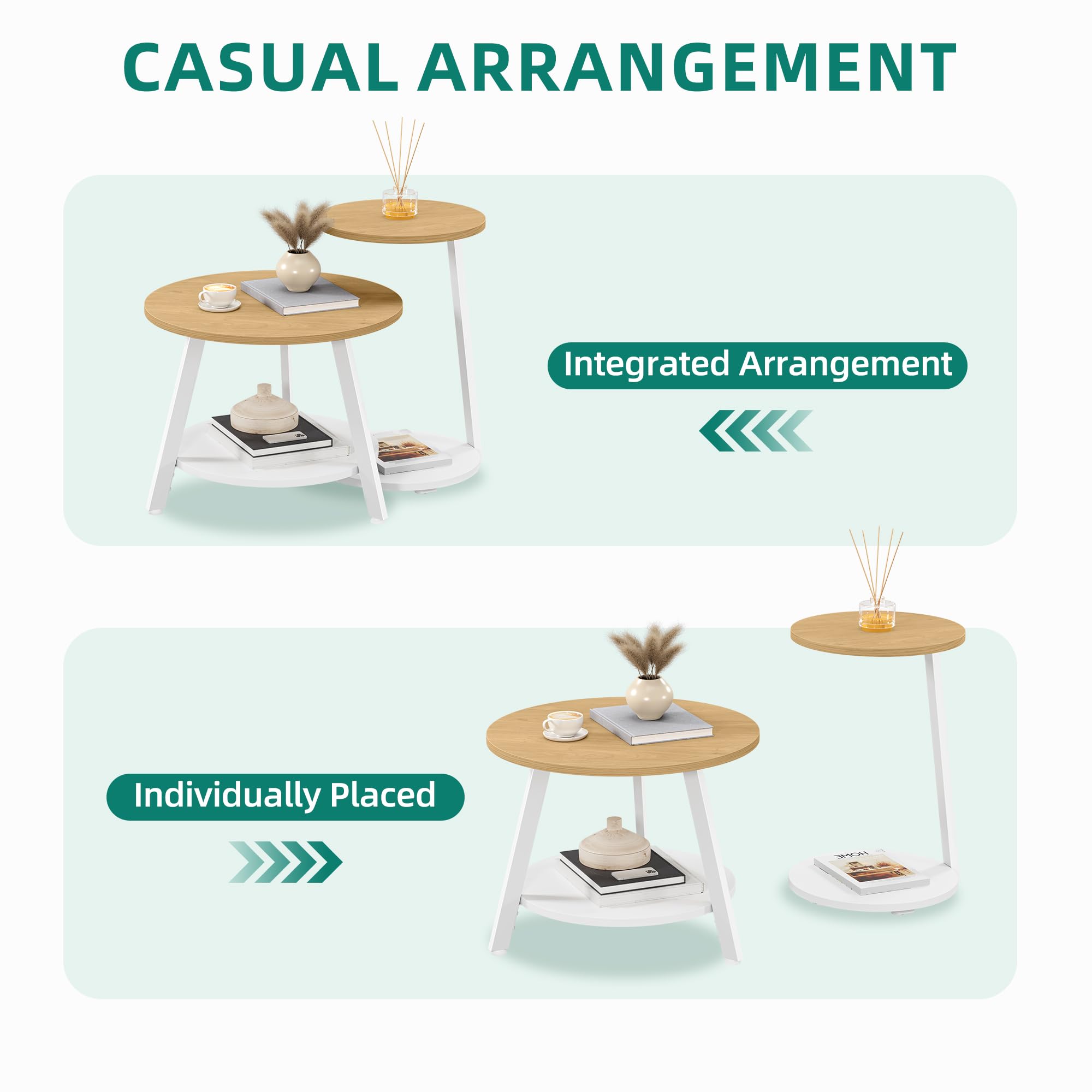YITAHOME Mesa de Centro Redonda, Juego de 2 Mesas Auxiliares, Mesas Bajas Nido con Mesa Auxiliar en Forma de C, Mesa de Sofá con Espacio de Almacenamiento para Salón, Dormitorio, Natural