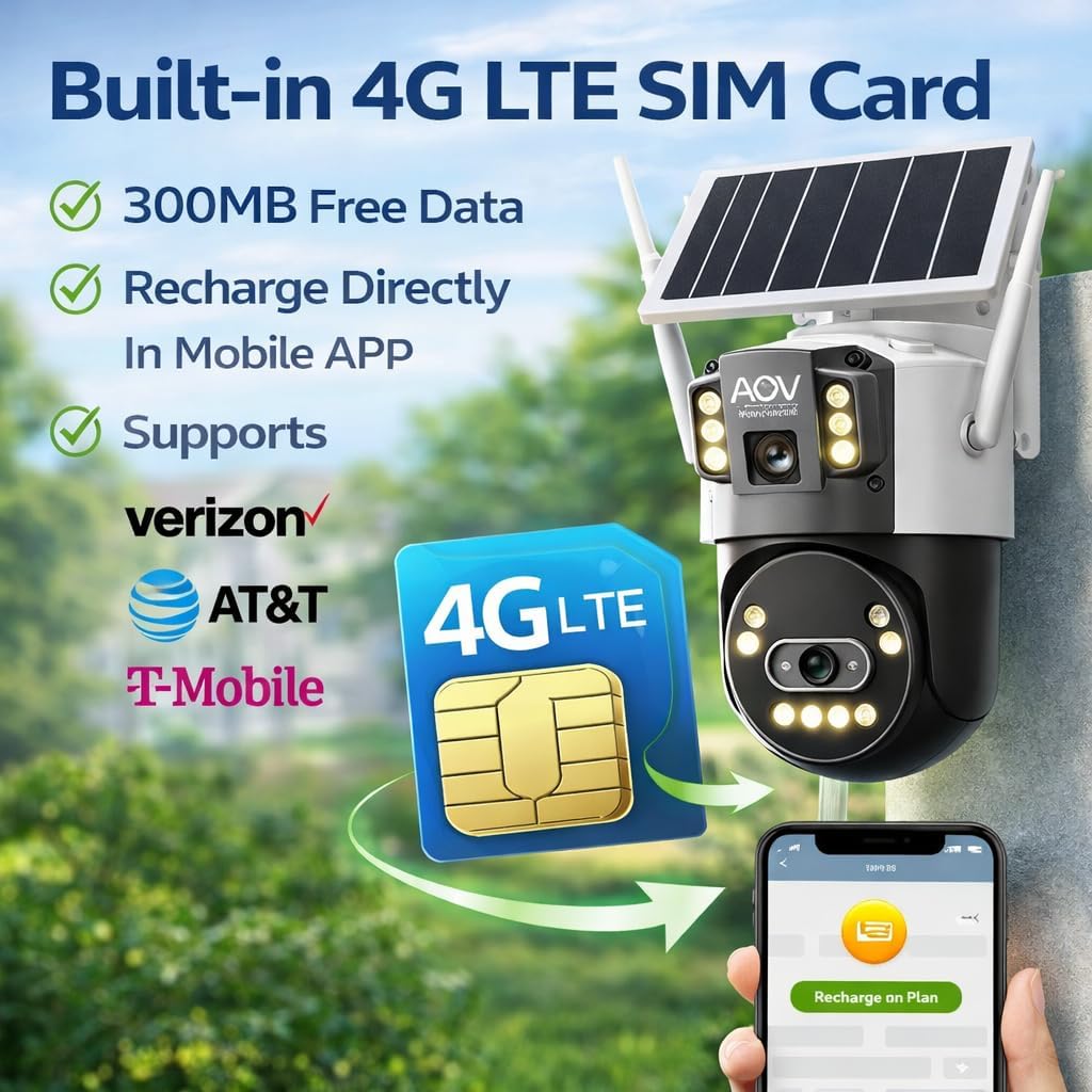 JideTech 4G LTE Solar Security Camera No WiFi, Dual Lens 6MP PTZ Outdoor Camera, AOV 24/7 Always-On Video, 8W Solar Panel 16000mAh Battery,AI Human/Vehicle Detection, Two-Way Audio, Built-in SIM Card