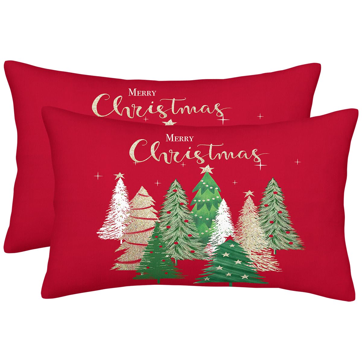 AELUTYSH Red Christmas Pillow Covers 12x20 Inch Set of 2, Christmas Tree Gold Star Decorative Throw Pillows Winter Pillow Case Holiday Christmas Decor