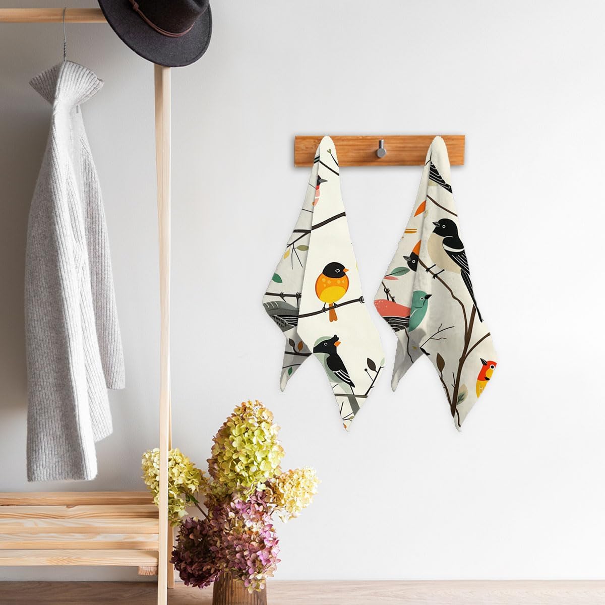 Birds & Forest Bath Hand Towel Set of 2 - Vintage, Absorbent - 14"x28" - For Home, Hotel, Spa, Gym, Yoga, Beach, Nautical Decor & Gifts - Image 7